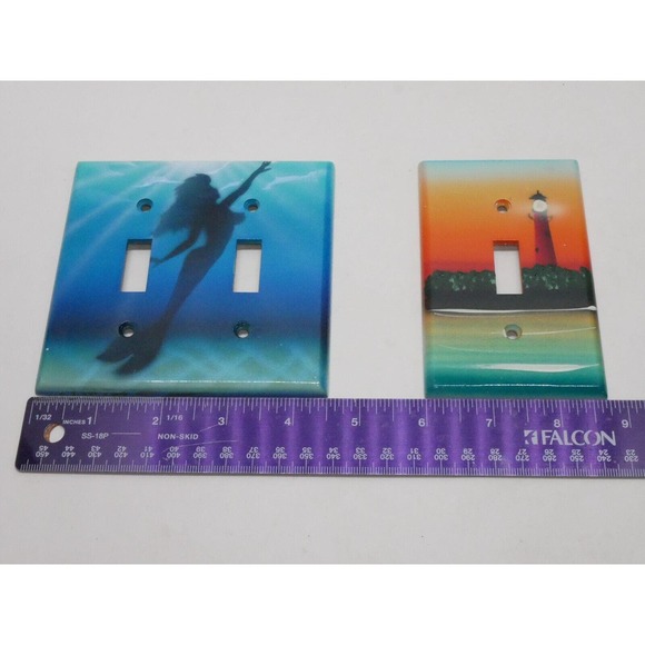 Mermaid Double & Lighthouse Single Light Switch Plate Hand Painted C. Crawford - Picture 8 of 9